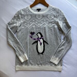 Talbots Petite Gray Penguin Fair Isle Heart Snowflake Sweater P Small Holiday